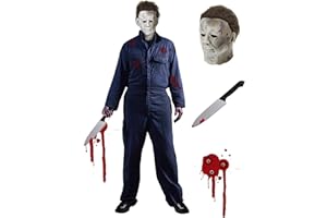 GEPLAIMIR Michael Myers Kostüm für Erwachsene 3-teiliges Herren Halloween Michael Myers Maske und Blutverschmiertes Messer Horror Cosplay Kostüm Set für Halloween Fasching Arbeitsoveralls Overall Blau Navy