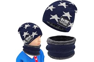 BYTLXM Kinder Wintermütze Beanie Hut mit Schal Set, mit Fleece Gefütterte, Thermisch Strickmütze Mütze, Baumwollmütze, für Jungen Mädchen Kind, Halswärmer Geschenk Weihnachten