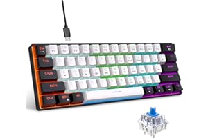 Snpurdiri Tastiera meccanica da gioco cablata al 60%, 61 tasti anti-ghosting, retroilluminazione RGB, interruttore blu ultra compatto, due supporti, bianco e nero