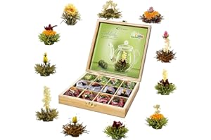 ‎CREANO Creano Teeblumen Geschenkset in Teekiste aus Holz 12 Erblühtee in 11 Sorten weißer Tee, grüner Tee, schwarzer Tee, Teerosen, Geschenk für Frauen, Mutter, Teeliebhaber