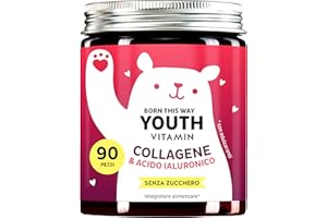 Gummies al Collagene & Acido Ialuronico Born This Way Youth Vitamins – Antiossidanti Bellezza – Collagene, Acido Ialuronico, Vitamina C, E, CoQ10 – 90 pezzi, Senza Zucchero, Bears with Benefits