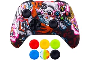 9CDeer 1 x Silicone Transfert Impression Protecteur Couverture Peau + 6 Thumb Grips et Bouchons Anti-Poussière pour Manette Xbox One/S/X Dragon Rouge
