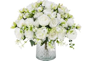 JUSTOYOU 4 Bunches Artificial Peony with 20 Heads Flowers Fake Peonies Silk Flowers Roses Bouquets for Wedding Home Table Party Window Decoration (WHITE)
