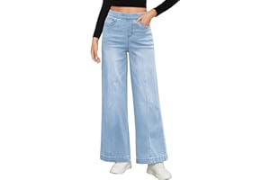 Roskiky Jean pour femme - Taille haute - Pull On Mom - Jean extensible - Taille haute - Pantalon tendance - Couture avant - Jean ample des années 90