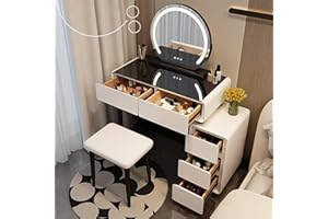 MYDD8 Dressing Table and Stool Set, makeup table with 3-Color LED Lights Mirror, Drawers, Detachable Makeup Vanity Table Set, Bedroom Cosmetics Dresser Gift