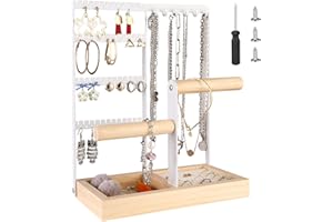 Mkitnvy Présentoir à bijoux porte-chaîne en Metal et Bois Durable,4 niveaux, avec Plateau et Crochets,rangement pour bagues, boucles d'oreilles,bracelets, montres et accessoires