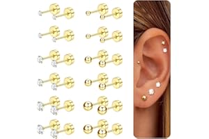 CASSIECA 12 Paires Boucles D'oreilles pour Femmes Hommes En Acier Inoxydable Minuscule Oreille Stud Piercing Petit CZ Boule Ronde Vis Plat Dos Cartilage Boucles D'oreilles Ensemble 2-4MM