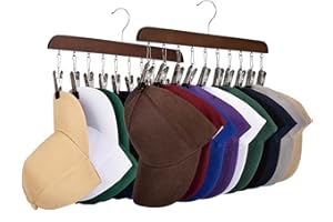 Hat Racks for Baseball Caps Sangle Sopffy 2PCS Wooden Hat Hanger With 10 Rubber-Coated Stainless Steel Clip,Hat Organizer for Hat Storage Organizer,Fit for All Caps,Clothing Accessories,Brown.