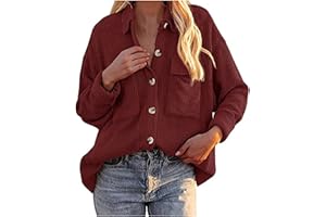 Sisifa Damen Cord Shacket Shirt Button Down Hemd Lässige Langarm Oberteile Einfarbig Oversized BoyfriendJacke Bluse Freizeit Hemdbluse, 5XL