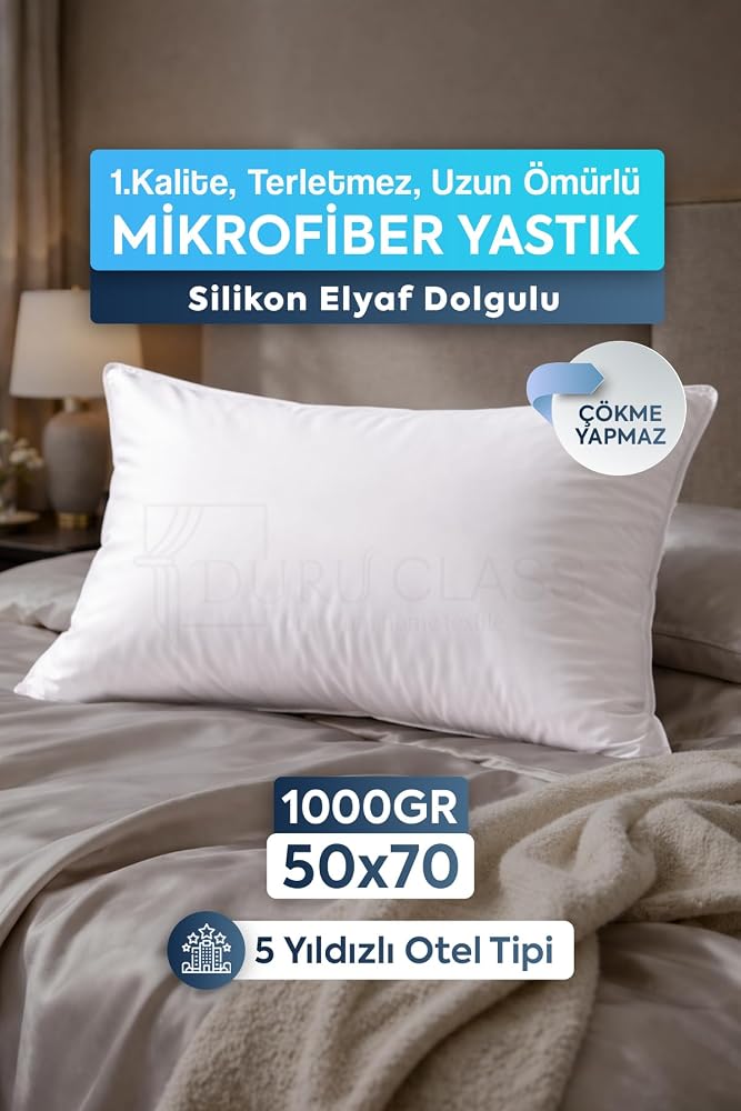 Mikrofiber Yastık Silikon Elyaf Otel Tipi 1000Gr Dolgulu Destek 50x70 Beyaz | Nefes alabilen malzeme Çökme yapmaz
