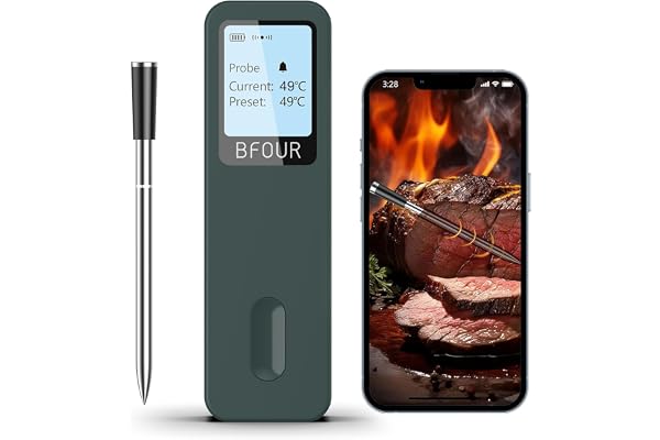 BFOUR Trådlös grilltermometer Bluetooth med app, digital, IP67 vattentät, stor skärm, rosttermometer