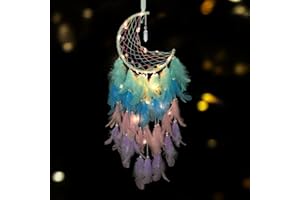 Dremisland Księżycowy łapacz snów z łańcuchami świetlnymi ręcznie robiony łapacz snów akcesoria do sypialni dziecięcej tęczowe pióro szczęśliwy turkusowy wisiorek dekoracja ścienna do sypialni domowej