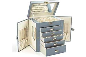 KAMIER 6-Tier Large Jewelry Box for Women, Jewelry Organizer with Mirror and 5 Drawers for Rings, Earrings, Necklaces, Bracelets, Bluish Grey