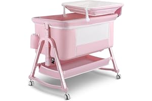 Uuoeebb 4 in 1 Baby Bedside Crib, Next to Me Crib, Travel Cot with Mattress Included, Baby Cribs with Changing Table, 5 Level Height Adjustable Bedside Cot for Newborn (Pink)