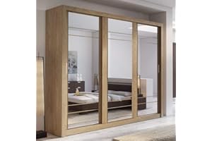 Arthauss Modern Bedroom Mirrored Sliding Door Wardrobe ARTI 2 in Oak Shetland 250cm - Flat Pack Mirrored Wardrobe with Hanging Rails and Spacious Drawers - Ideal for Compact Spaces