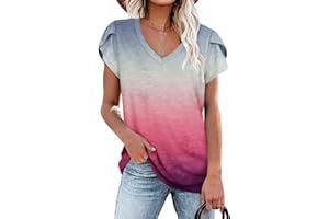 PLOKNRD Women's Casual V-Neck T-Shirt, Long Length, Petal Short Sleeve, Summer Classic Loose Tee, Pink, UK Size