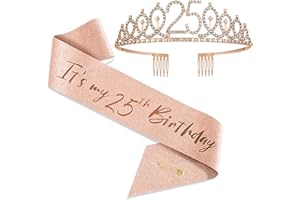 JOUWUI 25st Birthday Crystal Tiara and Sash, 25th Rose Gold Rhinestone Crowns and Sash for Women, 25th Birthday Decorations for Her