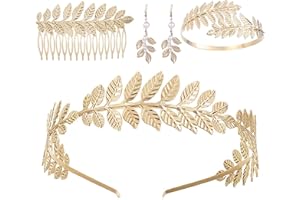 XoeLLe 5 Pièces Parure Bijoux Femme, Déesse Grecque Costume, Bijoux Fantaisie Femme, Deguisement Romaine, Couronne Laurier, Boucles d'Oreilles Perle, Peigne À Cheveux Latéral, Bracelet Bras
