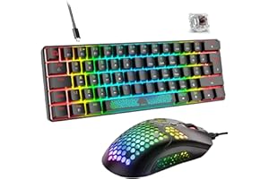 HOOPOND RGB Mini 60% Keyboard meccanico di gioco meccanico 62-Key 18 Chroma retroilluminato interruttore marrone cablato Tastiera compatta + 12000DPI 65g Mouse da gioco leggero per PS4 / PC/laptop-nero