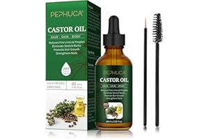 PEPHUCA Olej rycynowy – Bio Castor Oil do włosów, rzęs, brwi, brody, paznokci, 100% czysty i naturalnie tłoczony na zimno, stosowany do wzrostu włosów, krem nawilżający i serum do rzęs, 60 ml