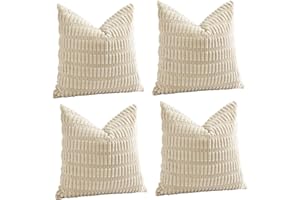 Sungeek Set of 4 Soft Corduroy Decorative Cushion Covers 40x40cm Square Striped Throw Pillow Covers 16x16 Inch for Sofa Couch Living Room Patio Farmhouse Boho Home Decor Pillowcases (Cream)