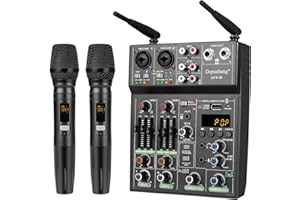 Depusheng UF4-M Studio Audio Sound Mixer Board 4 Channel Bluetooth Compatible Professional Portable Digital DJ Mixing Console with Wireless Microphone Mixing Boards For Studio Recording