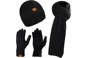 AISHNA Winter Beanie Hat Scarf and Touch Screen Gloves Set Knitted Hats Thermal Gloves Long Scarf for Men Women Neck Warmer 3 PCS Skull Cap Thick Fleece Lined Unisex