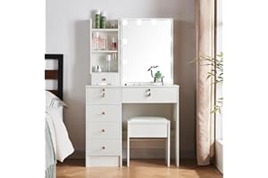 JRSWIN Makeup Vanity Dressing Table with Lights and Mirror, Makeup Desk with 10 LED Bulbs, Vanity Table with 5 Drawers and Cushioned Stool, Vanity Set with 3 Lighting Modes, White