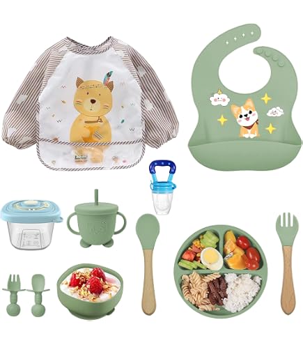 Set Vaisselle Bébé 8 Pièces Avec Ventouse - Assiette Compartiments, Couverts, Bavoir - Sans BPA