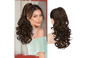 Sofeiyan Ponytail Queue de Cheval Postiche Naturel 43 cm Bouclée avec Pince, Extension Cheveux Synthétiques Ondulés Rajout Léger pour Femmes, Marron Foncé et Marron Rouge Clair