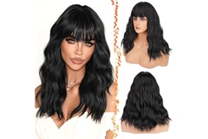 BARSDAR 46cm Ondulada Peluca Negro con Flequillo, Longitud Media Ondulada Pelucas con Flequillo para Mujeres Rizada Natural Sintético Resistente al Calor Peluca - Negro Natural