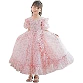 Niren Enterprise Girls Princess Floral Maxi Gown, Pink, Puff Sleeve, Empire Waist, Party Dress, Lightweight & Comfortable Dre