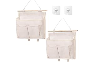 OMJMYY 2 Pièces Rangement Suspendu Suspendre Sac De Rangement Mural avec Poche Tissu Lin Pliable Vide Poche Mural Sac à Suspendre Organisateur pour Chambre Bureau Salle de Bain Cuisine(Beige)
