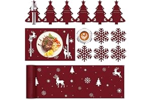 COCHIE 19 Stück Filz Weihnachten Platzsets, Platzdeckchen Weihnachten für 6 Personen, Weihnachten Filz Untersetzer Bestecktasche Tischläufer Rot, für Weihnachtsfeier Heimtisch Abendessen Dekoration