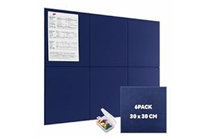 BRAVOFORGE Large Felt Bulletin Board, 6 Pack 30 x 30 cm Navy Blue Pin Notice Board with 30 Pushpins and 36 Safe Removable Adhesive Tabs, Cork Boards Alternative, Felt Wall Tiles for Wall, Home, Office（Navy Blue）