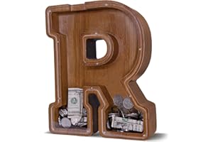 JOOMLAFLY Wooden Letter Piggy Bank for Kids Larger Alphabet Letter Bank for Boys Initial Coin Bank Personalized Piggy Bank Wood Money Save Box for Birthday and Festival- 12" R Piggy Bank