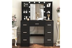 CAULITAR Large Dressing Table with LED Lights and Mirror, Vanity Makeup Table with 7 Drawers or Daughter, Adjustable Brightness, 3 Color Temperatures, 100x40x140 cm, Black