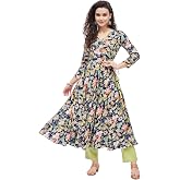 Tissu Women's Navy Blue & Pink Floral Flared Kurta | Printed Indian Tunic Top