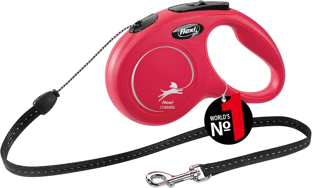 Flexi New Classic S Beden Kırmızı 5MT İpli Tasma | Tek elle acil fren, durdur ve git düğmesi, ergonomik yumuşak sap, sağlam karabina, Almanya'da üretilmiştir