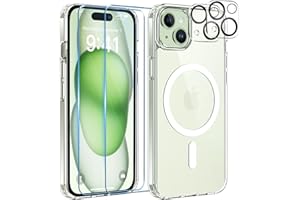 YisrLery 5 in 1 Magnétique Coque Compatible avec iPhone 15 Aimantée avec 2 Verres Trempés et 2 Caméra Protecteur, Compatible MagSafe Dos Anti Rayures Coque Antichoc TPU Bumper Case (Transparent)