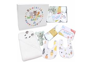 Cantoblanc® Cesta Regalo Bebé Premium – Canastilla Recién Nacido Unisex de Alta Calidad con Toalla de Baño Suave, Muselina de Bambú, 2 Baberos Absorbentes, Sonajero y Tarjeta de Bienvenida
