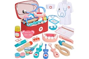 BUOAZR Doktorkoffer für Kinder, Spielzeug, Zahnarzt-Set, 27-teilig mit echtem Stethoskop, Thermometer, Arztkittel und tragbarer Arzttasche, Nachahmung und Geschenk für Kinder ab 3 Jahren
