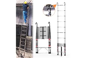 HSHA Telescopic Ladder 5M/16.4FT Stainless Steel Extension Ladder with Detachable Hooks, 150KG Max Capacity Portable Multi Purpose Extendable Loft Ladder Portable Folding Ladder for Roof Attic Caravans