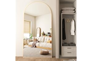 CASSILANDO Złote łukowe lustro 193 x 86 cm, podłoga ze stojącą ramą z stopa aluminium, duże ubieranie, wiszące lub pochylane, lustra na całe ciało, do sypialni, salonu