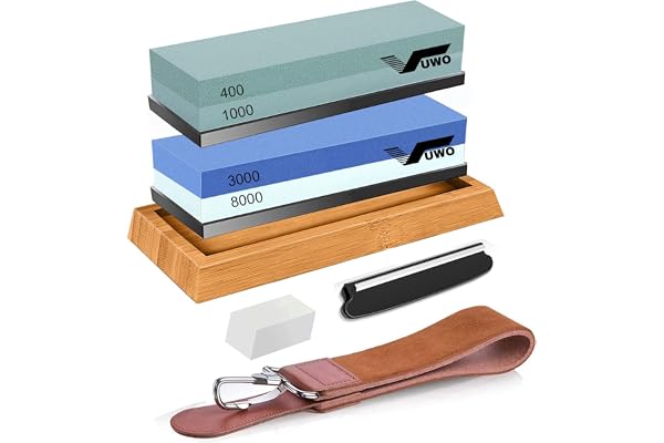 vuwo Professionell slipsten - Dubbelsidig Slipstensset Premium Manuell Kornighet knivslip 400/1000 och 3000/8000 med Läderstrigel, Planeringssten, Bambubas, Kiselhållare, vinkelguide, Poleringskombina