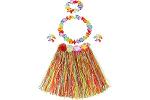 JUHONNZ Disfraz Hawaiano,3 Juegos Falda de Hierba Hawaiana Incluyen 3 Faldas de Hierba Hula+3 Guirnaldas de Cuello+3 Diademas+6 Pulseras Leis de Flores para Fiesta de Cumpleaños de Moana Luau Tropical