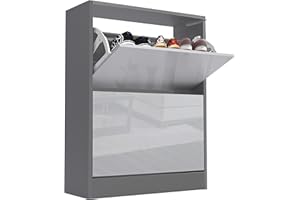 Blisswood High Gloss 2 Drawer Shoe Cabinet Cupboard, Shoe Storage Organiser Freestanding 2 Tier Wooden Shoes Rack Cabinet Modern Footwear Stand For Hallway Furniture (Silver Grey & Dark Grey)