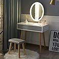 YOURLITE Dressing Table with LED Lights Mirror - White Vanity Makeup Table Set with Adjustable Brightness Mirror, Cushioned Stool and Free Make-up Organizer (White+Grey+Oval Mirror)