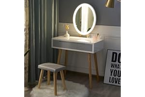 YOURLITE Dressing Table with LED Lights Mirror - White Vanity Makeup Table Set with Adjustable Brightness Mirror, Cushioned Stool and Free Make-up Organizer (White+Grey+Oval Mirror)