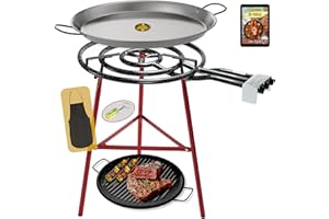 COMBOI Poêle à paella gaz butane 60 cm Kit brûleur 3 feux, poêle à paella de 70 cm + grill 46 cm, support pieds renforcés, niveau, tablier, livre de recettes numérique.